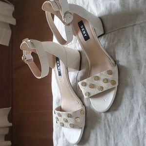 DKNY white leather block heels with ankle strap womens size 6.5 gold studded